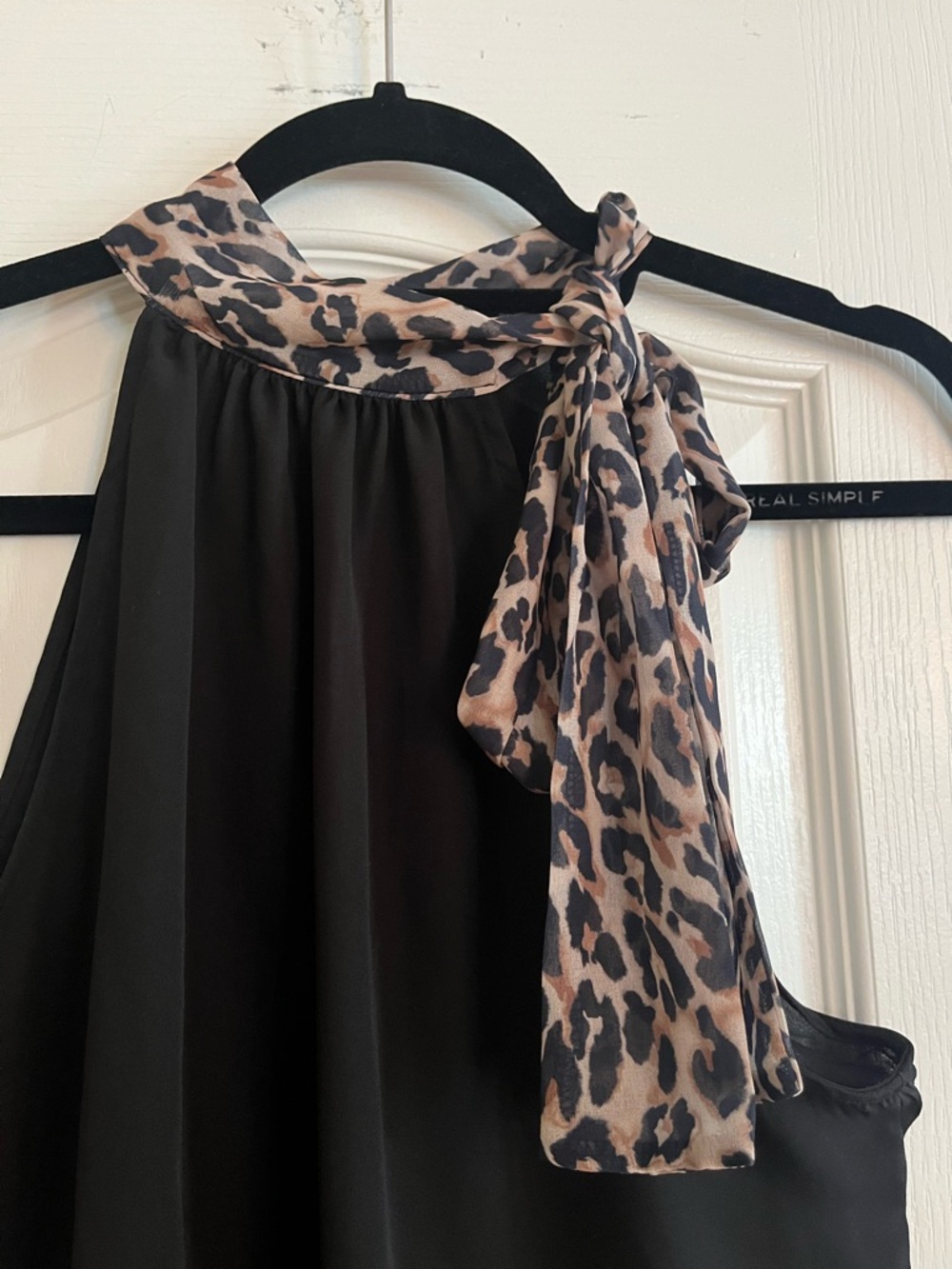 White House Black Market Black Halter Blouse with Leopard Tie Neck - Picture 2 of 5